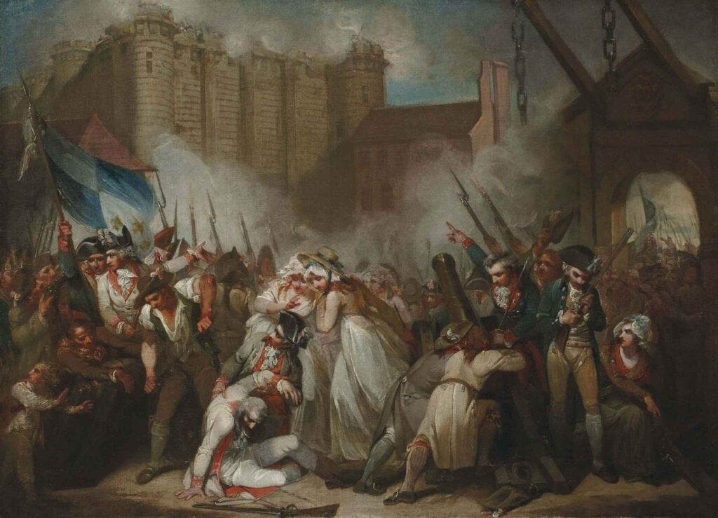 Bastille Day in Paris: This is a painting depicting a chaotic battle scene, likely from a historical event. In the foreground, several individuals in period attire are engaged in various activities amidst the conflict: comforting each other, loading a cannon, and tending to the wounded. The background features a fortress-like structure, possibly under siege, with smoke rising into the sky. The mood is tense and dramatic, capturing the turmoil of war.