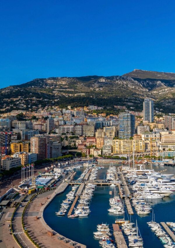 One Day in Monaco: A stunning vertical aerial view of the harbor in Monaco, displaying rows of moored yachts, a curved breakwater, and a densely populated cityscape climbing up the mountainous terrain under a clear blue sky.