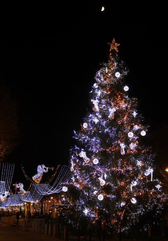 A tall Christmas tree majestically illuminated with white and blue lights, ornaments, and a shining star on top, under a crescent moon, with festive light decorations extending into the night at the Reims Christmas Market.