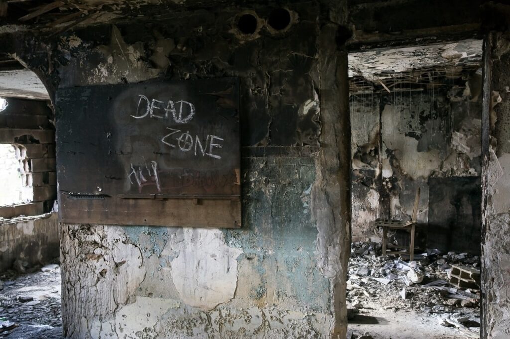Grim interior of an abandoned building with 'DEAD ZONE' spray-painted on a wall, structural damage evident, and debris scattered on the ground.
