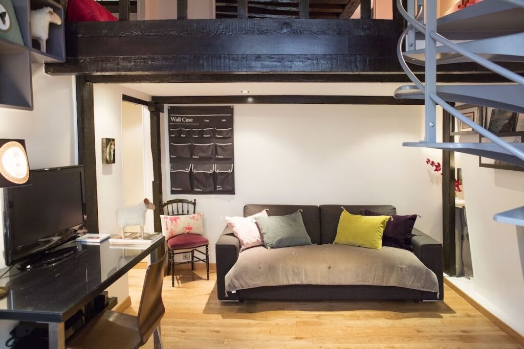 Modern studio living space with a loft bed above, featuring a comfortable couch with colorful pillows, an organized wall case with storage pockets, and eclectic decor, including a sheep figurine, creating a functional yet playful atmosphere.