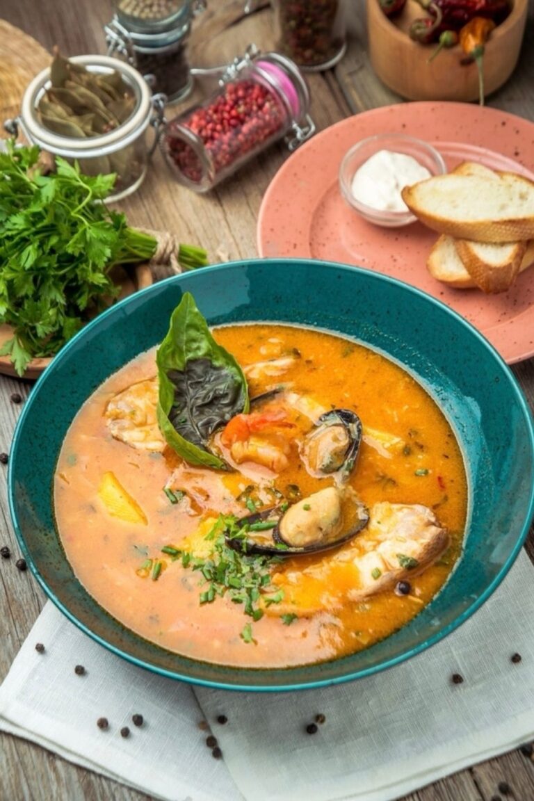 A bowl of rich bouillabaisse with assorted seafood, garnished with fresh herbs, served with toasted bread and aioli, amidst a table setting with fresh parsley and spice jars, evoking the warmth of Mediterranean cuisine.