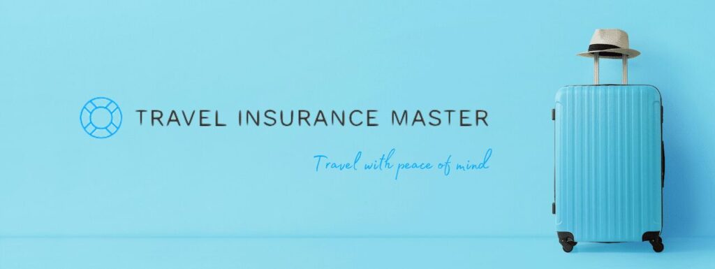 Promotional banner for 'Travel Insurance Master' with their logo, featuring a light blue suitcase adorned with a stylish hat, set against a matching blue background. The slogan 'Travel with peace of mind' accentuates the company's promise of a worry-free travel experience.