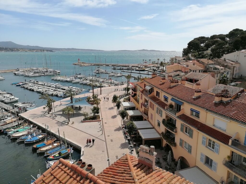 Overlooking view of the port of Sanary-sur-Mer, featuring a marina with an array of docked boats, flanked by terracotta-roofed buildings and palm trees, with the turquoise sea extending to the horizon under a clear sky.