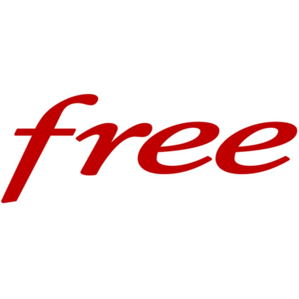 Logo of Free Mobile, characterized by a stylized red 'f' leading into the word 'mobile', symbolizing a prominent telecommunications provider known for SIM cards for France.