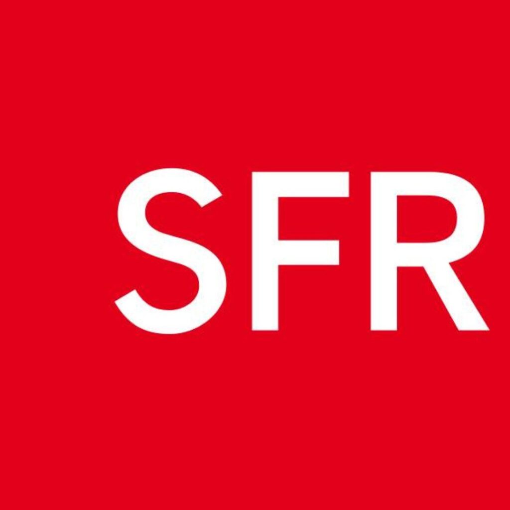 The logo of SFR, a major French telecommunications company, in bold white letters against a vibrant red background, recognized for offering SIM cards for France