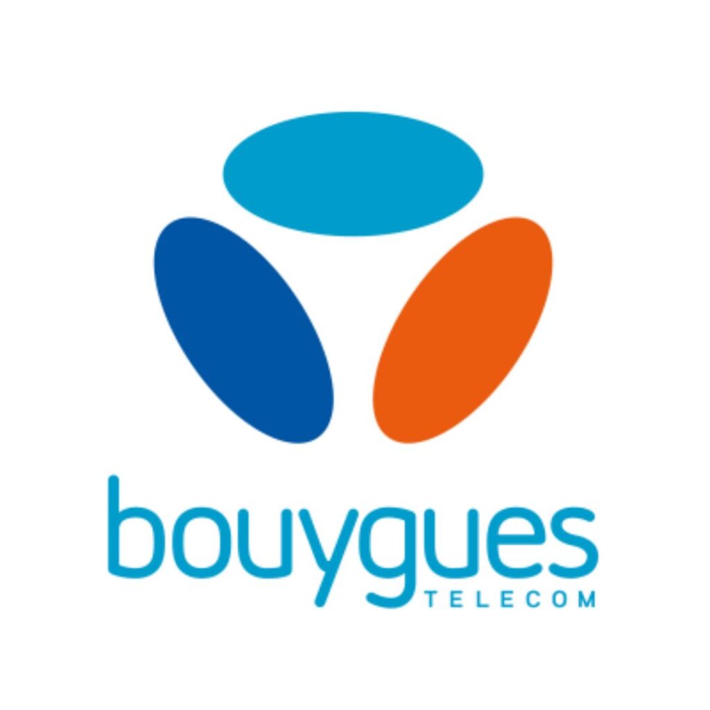Logo of Bouygues Telecom, featuring three petal-like shapes in blue, orange, and teal above the company name, representing a major provider of SIM cards for France.
