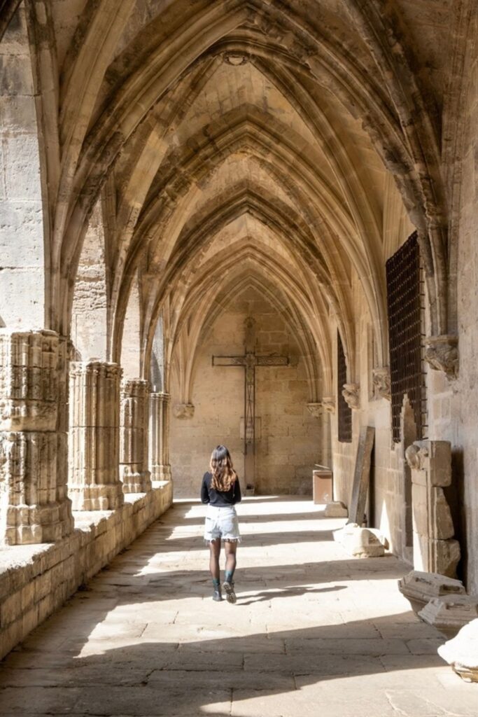 A visitor walks through the Gothic archways of the Cathédrale Saint-Nazaire's cloister in Béziers, an architectural marvel and a contemplative space to visit on a day trips from Montpellier.