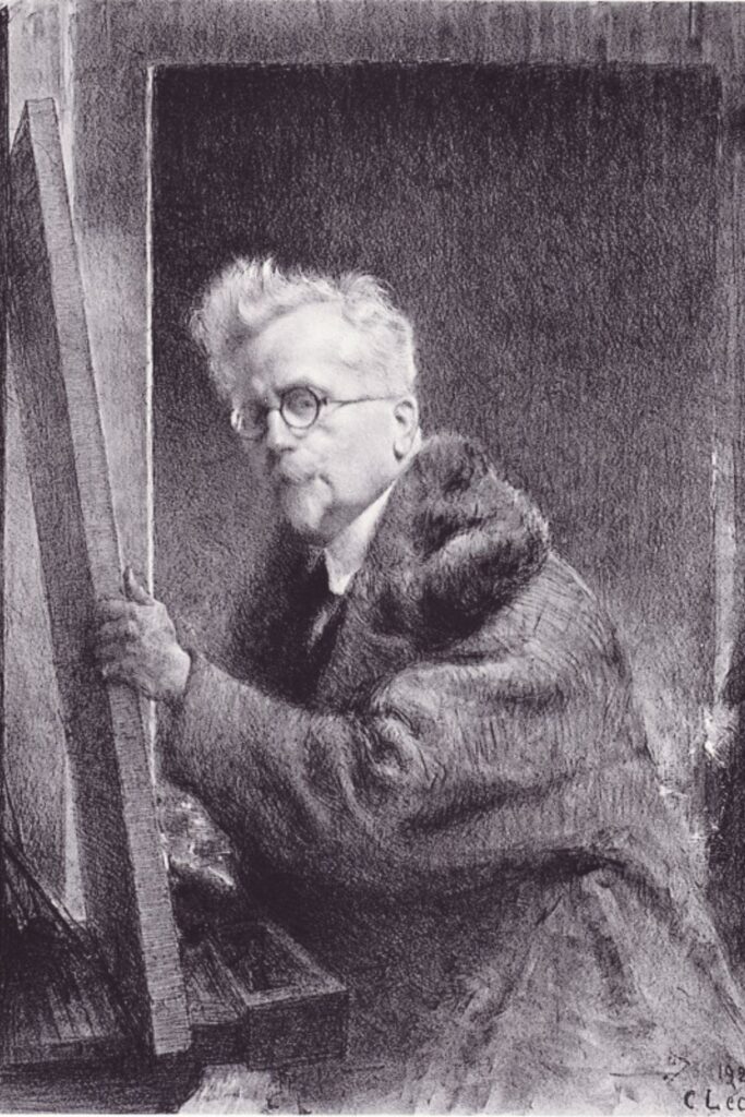 Self-portrait sketch of Charles Léandre, famed for his contributions to Villa Léandre Paris, depicted as an artist deeply focused on his work, with prominent glasses and a fur-trimmed coat.