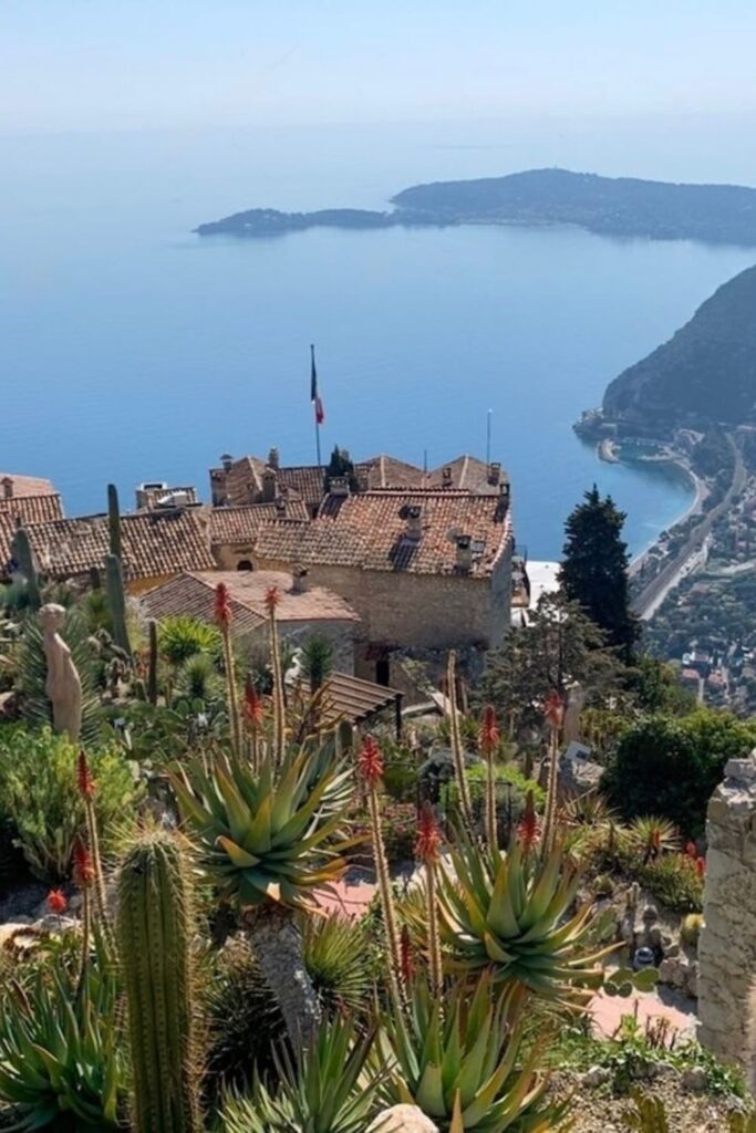 Spectacular view from the exotic garden of Èze, positioned on a hilltop with sweeping views of the Mediterranean Sea and coastline. Èze is celebrated for its stunning landscapes, making it a must-visit French Riviera cities.