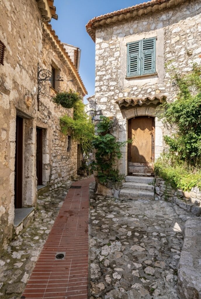 Narrow cobblestone alley flanked by old stone buildings with weathered shutters, nestled in Eze, one of the must-visit French Riviera cities. Greenery sprouts from the stone, adding life to the historic charm of this quiet, sunlit pathway.