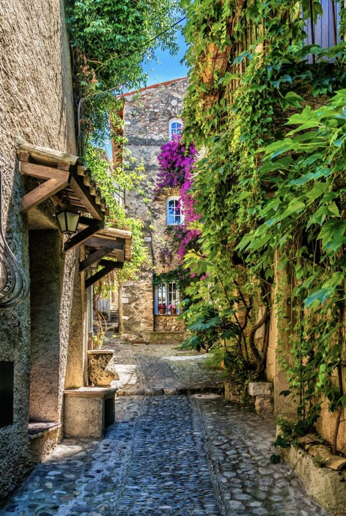 Alt text: "A quaint cobblestone alley in Haut-de-Cagnes, draped in lush greenery and vibrant purple bougainvillea, offers a picturesque glimpse into the timeless beauty of this must-visit French Riviera cities.