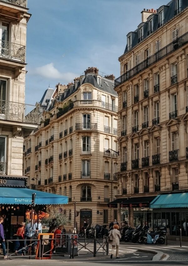 A vibrant street scene in a bustling neighborhood, with elegant Parisian buildings and a busy trattoria terrace, capturing the ambiance of the best arrondissement to stay in Paris for an authentic experience of the city's renowned culture and cuisine.