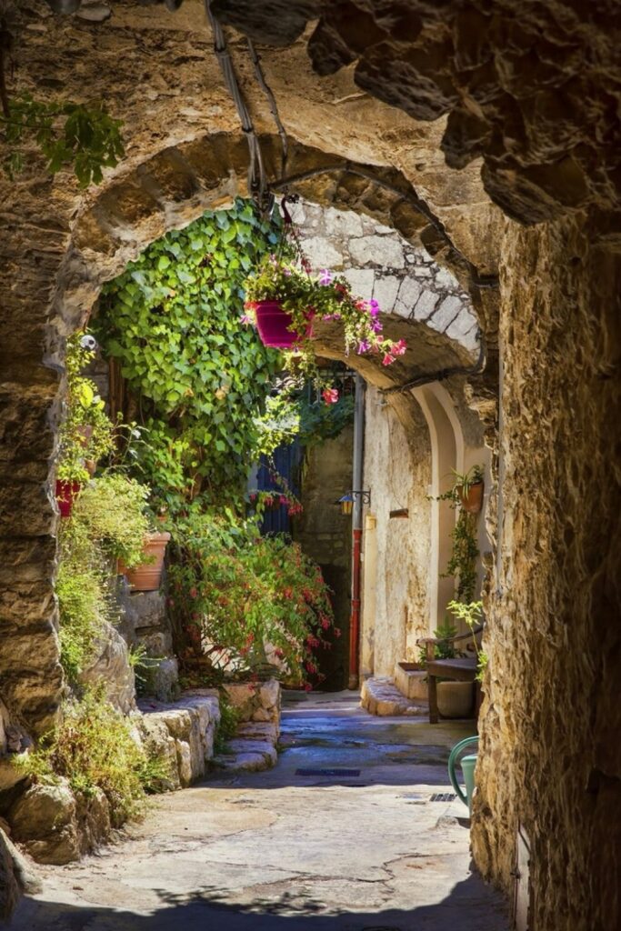 Narrow stone-paved alley in Peillon, one of the best day trips from Nice, framed by an ancient archway adorned with lush green ivy and vibrant pink flowers hanging in pots, evoking the timeless charm of a traditional French village.
