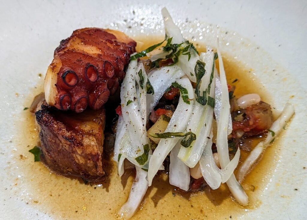 A sophisticated dish from one of the best restaurants in Bordeaux, France, showcasing tender grilled octopus served with a flavorful broth, accompanied by a fresh fennel salad and garnished with herbs.
