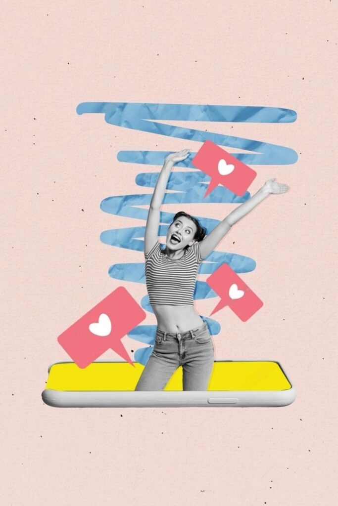 Excited woman in a striped top and jeans leaps from a yellow smartphone, surrounded by blue digital waves and red social media like notifications, capturing a joyful moment suitable for sharing with Paris-themed Instagram quotes.