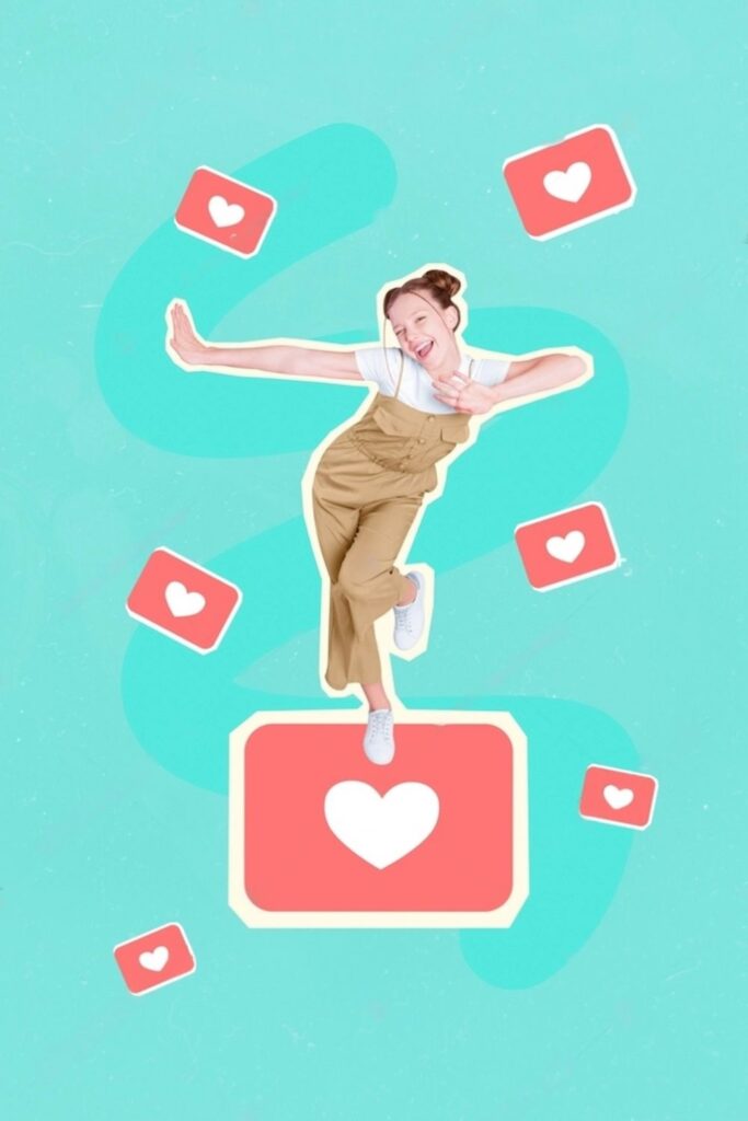 A joyful young woman with braided hair in a beige jumpsuit playfully poses among floating social media like icons, depicting a whimsical scene perfect for sharing with Paris-themed Instagram quotes.